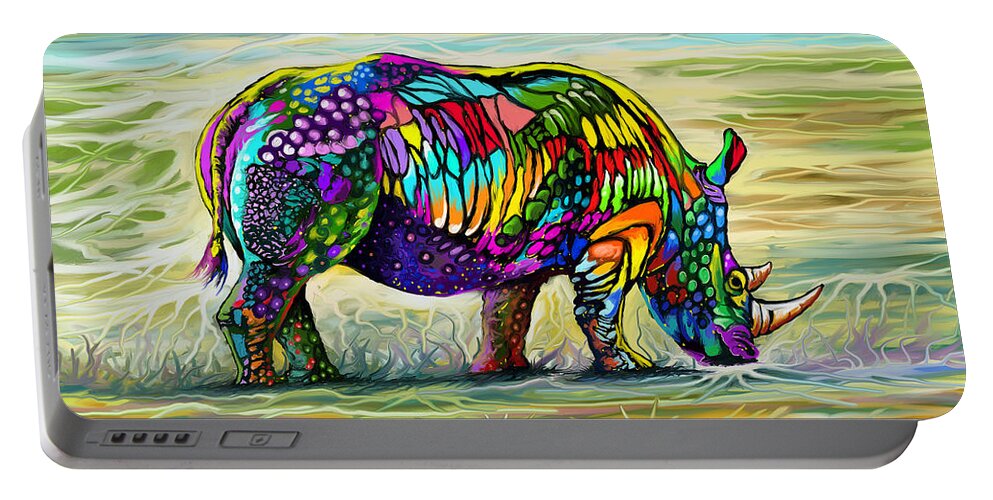Rhino Portable Battery Charger featuring the painting Kaleidoscope Rhino by Anthony Mwangi