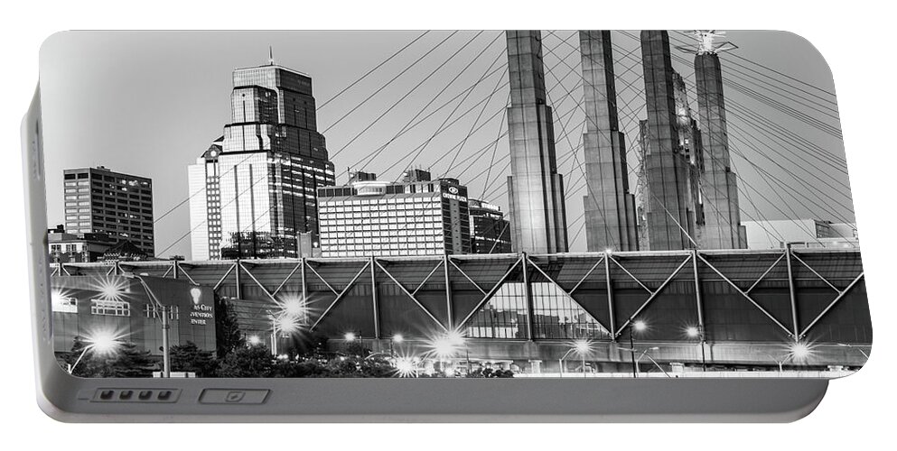 Kansas City Portable Battery Charger featuring the photograph Kansas City Sky Stations And Skyline At Dusk - Black And White Edition by Gregory Ballos