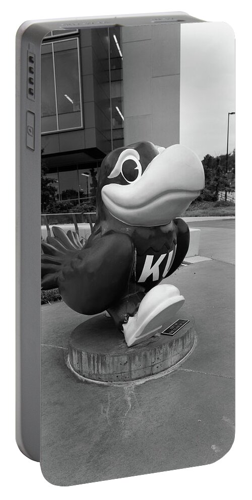 Kansas Jayhawks Portable Battery Charger featuring the photograph Kansas Jayhawks statue in black and white by Eldon McGraw