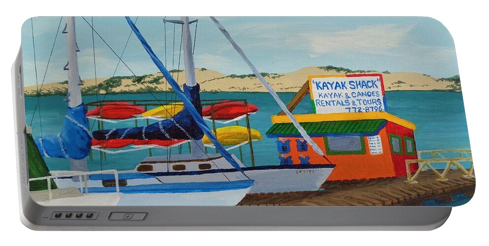 Kayak Portable Battery Charger featuring the painting Kayak Shack Morro Bay California by Katherine Young-Beck