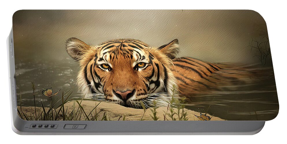 Tiger Portable Battery Charger featuring the digital art Keeping Cool by Maggy Pease