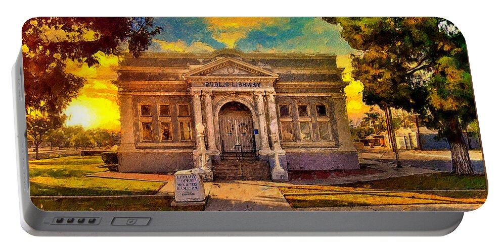 Kern Branch Portable Battery Charger featuring the digital art Kern Branch, Beale Memorial Library, in Bakersfield, California - digital painting by Nicko Prints