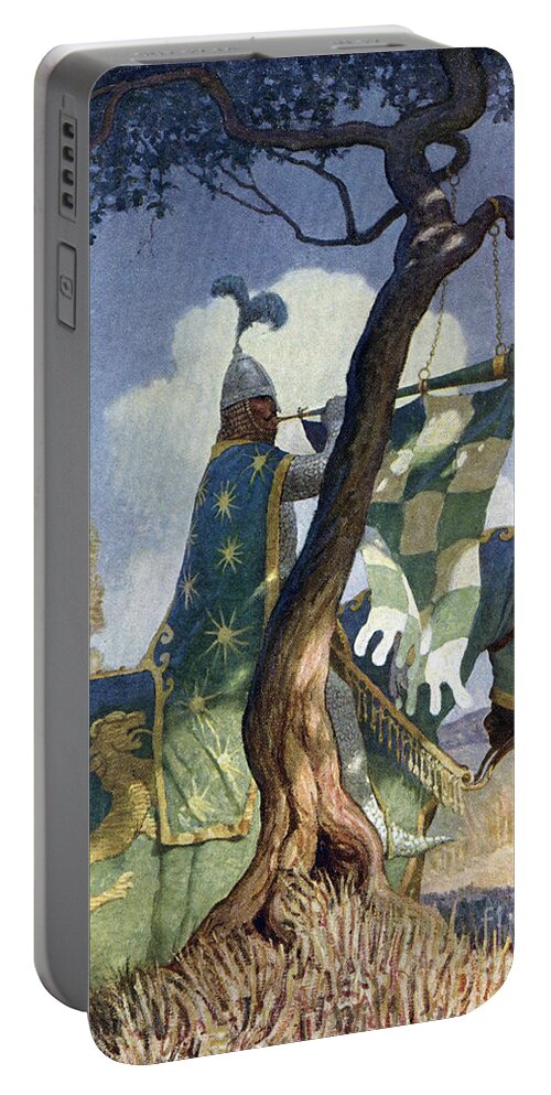 1922 Portable Battery Charger featuring the drawing King Arthur - Green Knight Preparing to Battle by N C Wyeth