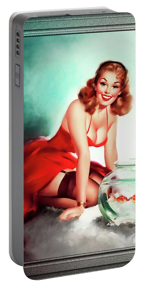 Kissing Fish Portable Battery Charger featuring the painting Kissing Fish by Edward Runci Vintage Pin-Up Girl Art by Rolando Burbon