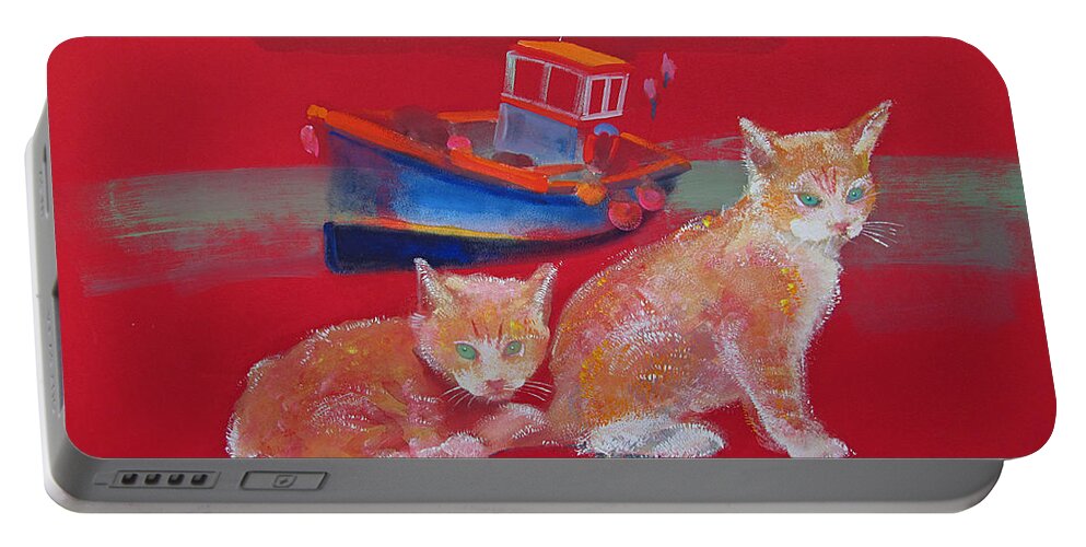 Kittens Portable Battery Charger featuring the painting Kittens With Boat by Charles Stuart