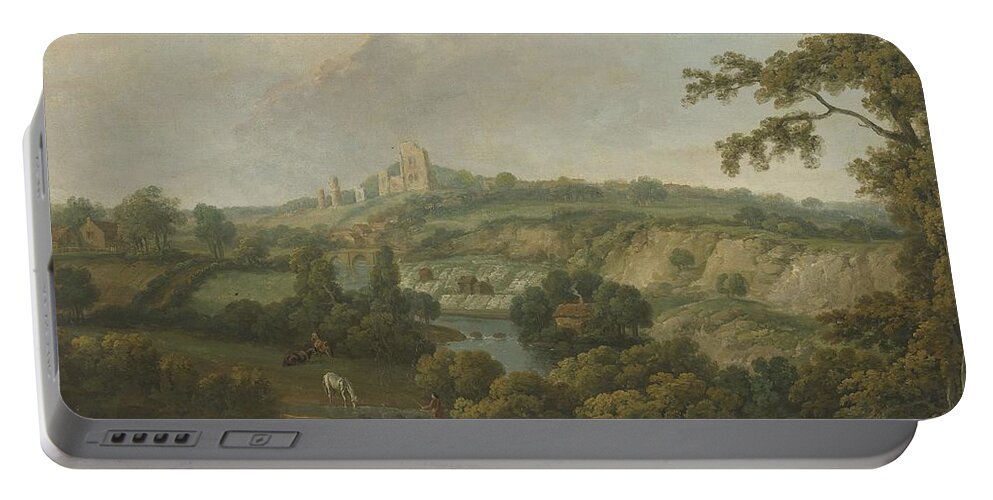 Dall Portable Battery Charger featuring the painting Knaresborough Yorkshire with the drying of wool in the distance by Nicholas Thomas Dall