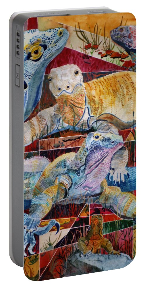 Giant Iguana Portable Battery Charger featuring the painting Komodo Dragons by Karen Merry