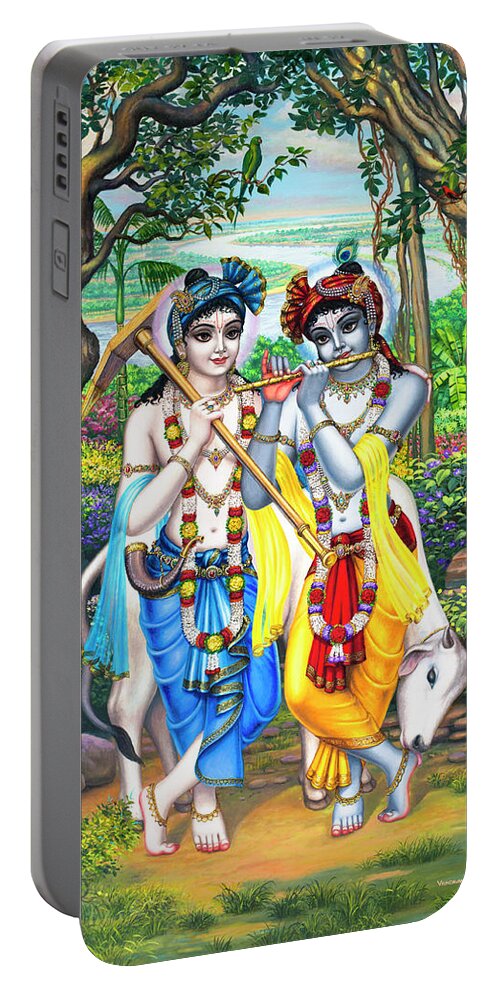 Krishna Portable Battery Charger featuring the painting Krishna and Balaram by Vrindavan Das