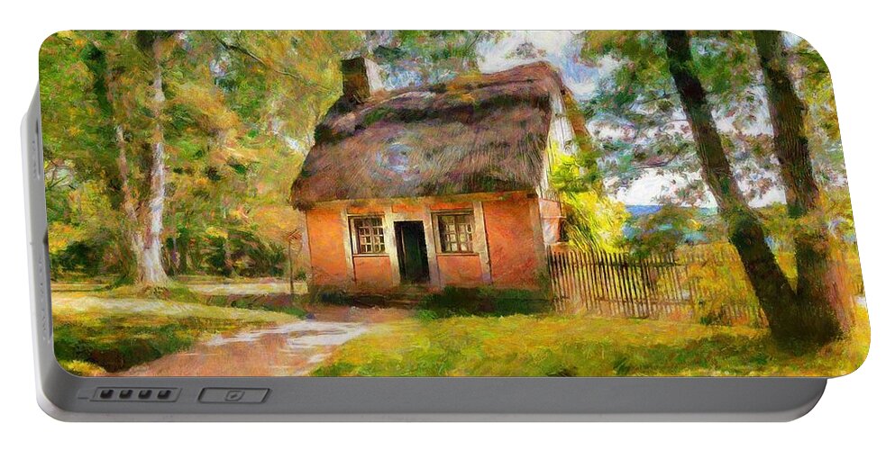 Cottage Portable Battery Charger featuring the mixed media La Maison Acadienne by Eva Lechner