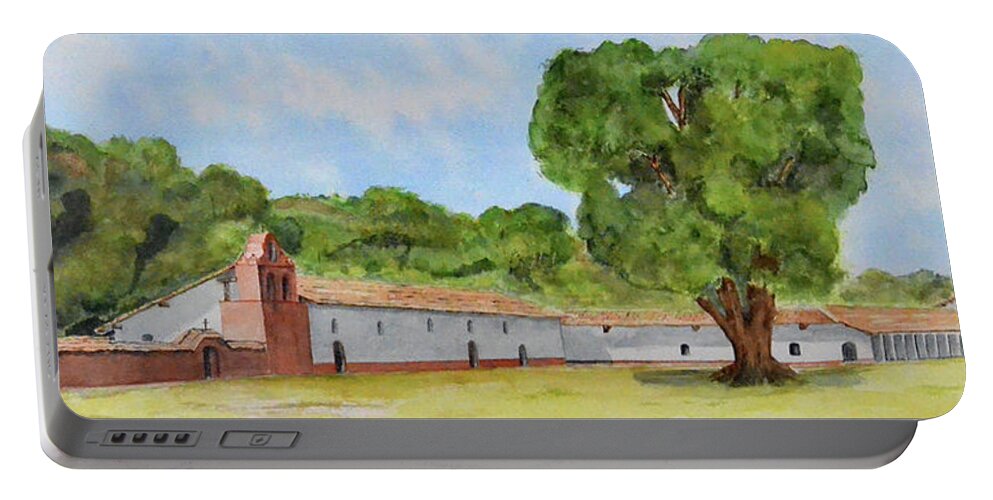 California Portable Battery Charger featuring the painting La Purisima Mission Panorama - Watercolor by Claudette Carlton