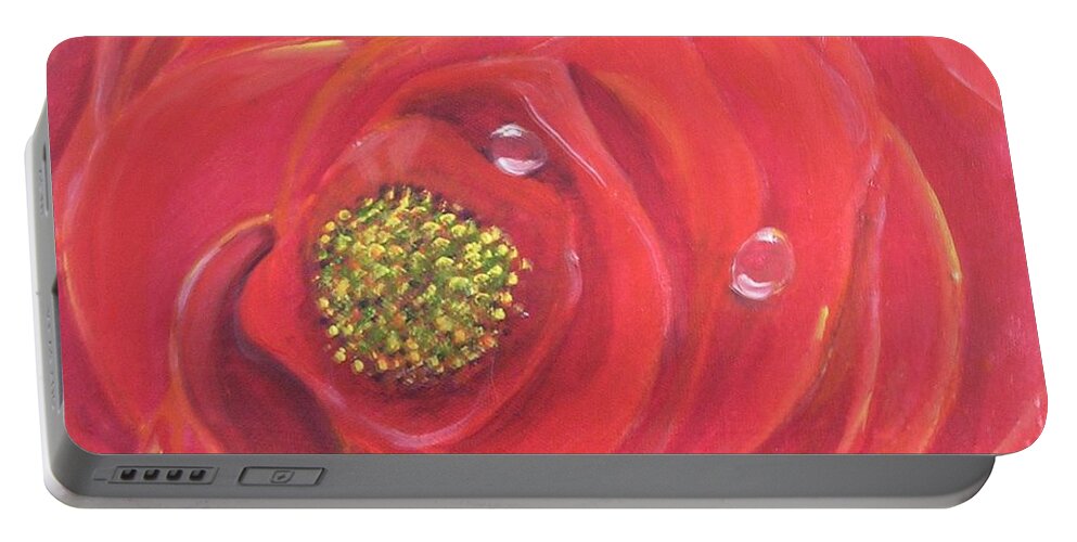 Red Rose Artwork Portable Battery Charger featuring the painting Lady in Red Rose by Karen Jane Jones