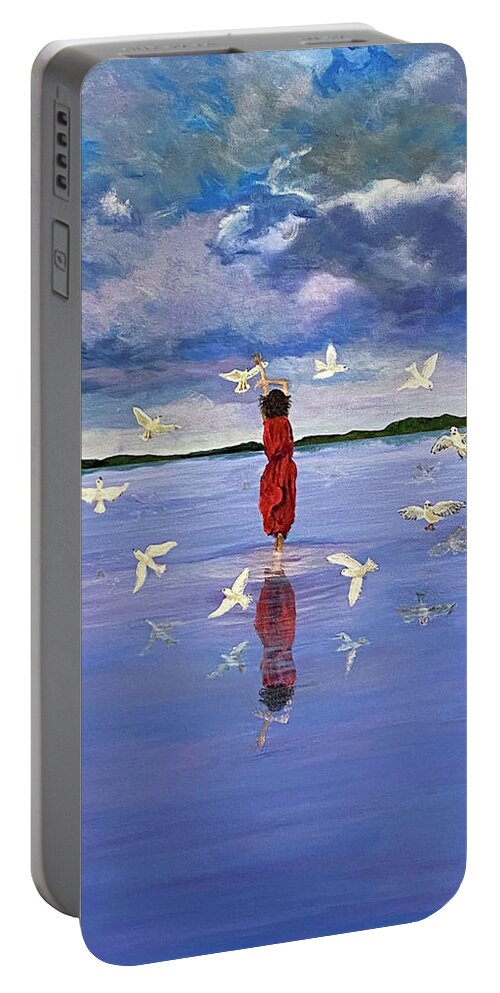 Purple Sky Portable Battery Charger featuring the painting Lady of the Lake by Thomas Blood