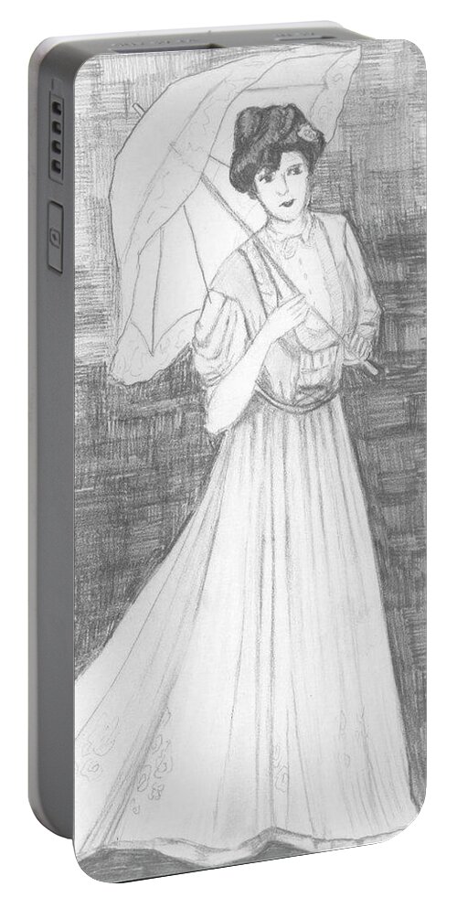  Portable Battery Charger featuring the drawing Lady with Parasol by Jam Art