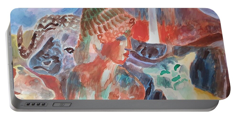 Classical Greek Sculpture Portable Battery Charger featuring the painting Lady with Wildlife by Enrico Garff