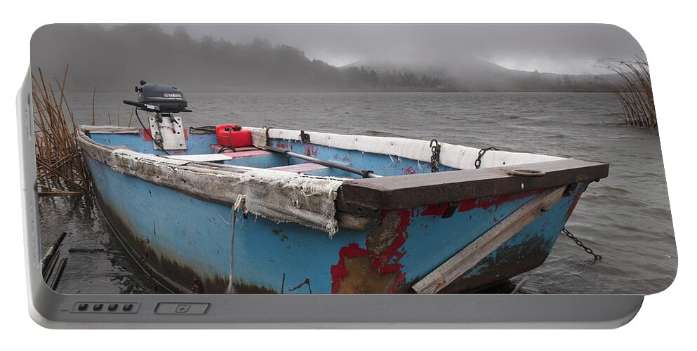 San Diego Portable Battery Charger featuring the photograph Lake Cuyamaca Boat in Fog and Rain by William Dunigan