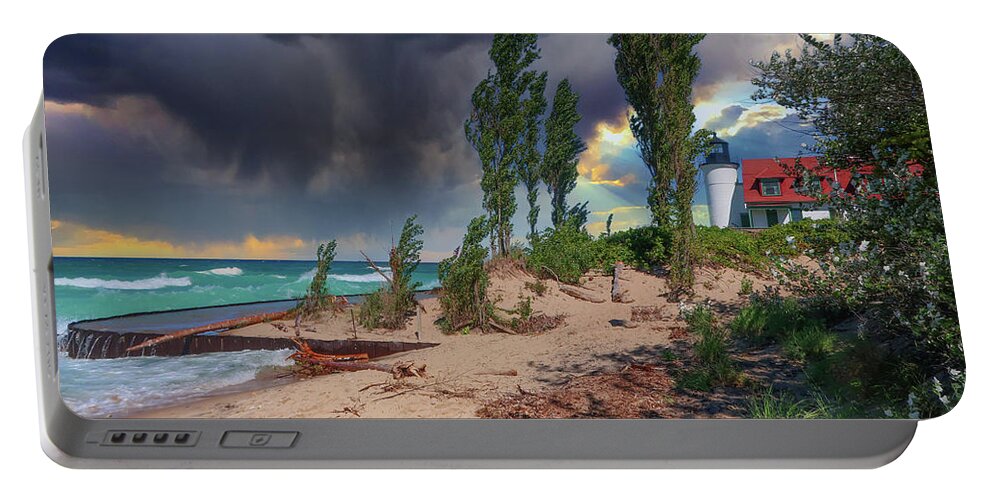 Northernmichigan Portable Battery Charger featuring the photograph Lake Michigan Storm at Lighthouse IMG_2614 by Michael Thomas