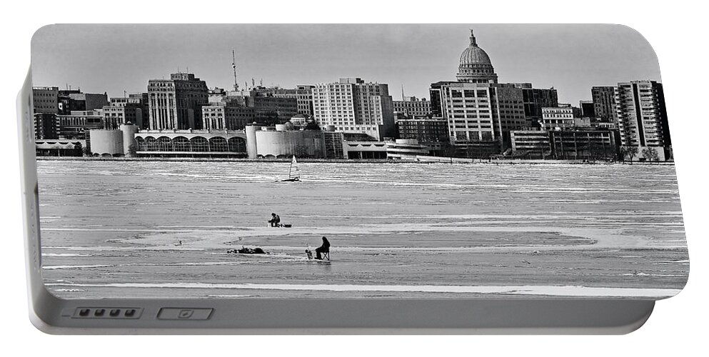 Madison Portable Battery Charger featuring the photograph Lake Monona, Madison, Wisconsin BW by Steven Ralser