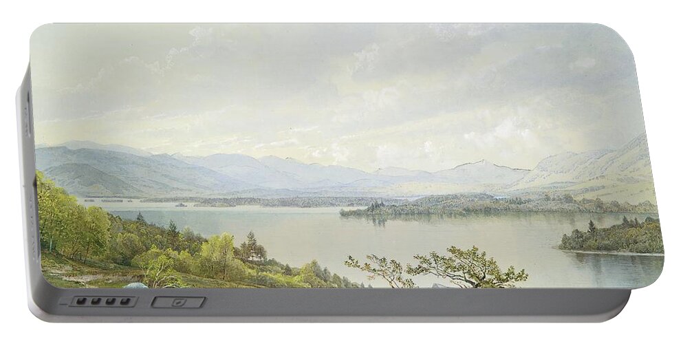 Italy Portable Battery Charger featuring the painting Lake Squam and the Sandwich Mountains by MotionAge Designs
