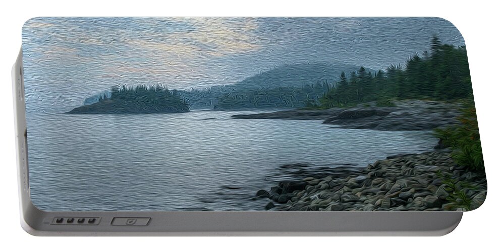 Mist Portable Battery Charger featuring the photograph Early Morning on Lake Superior by Robert Carter