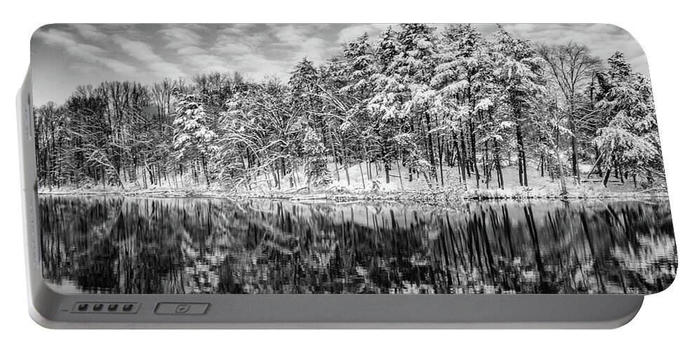 Black And White Portable Battery Charger featuring the photograph Lake Tighlman in Winter by Addison Likins