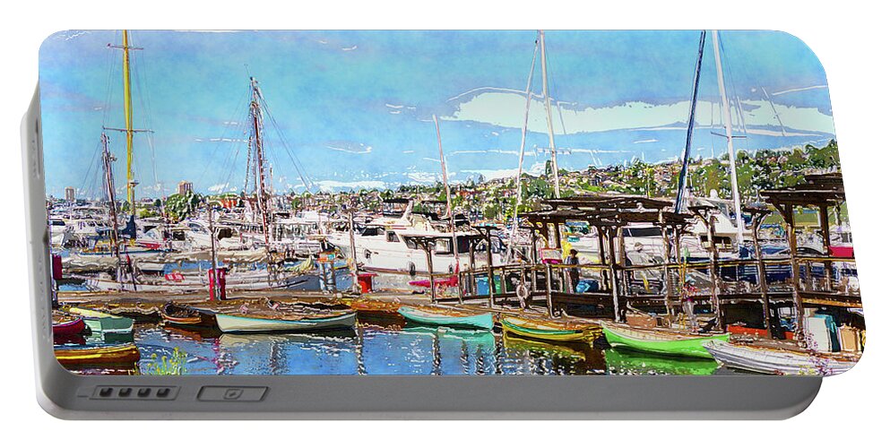 Lake Union Seattle Portable Battery Charger featuring the digital art Lake Union Marina by SnapHappy Photos