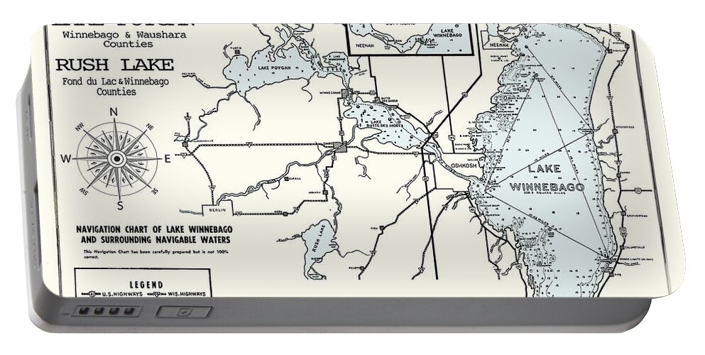 Map Portable Battery Charger featuring the digital art Lake Winnebago-Poygan-Rush-Butte Des Morts Wisconsin Map by Jean Plout