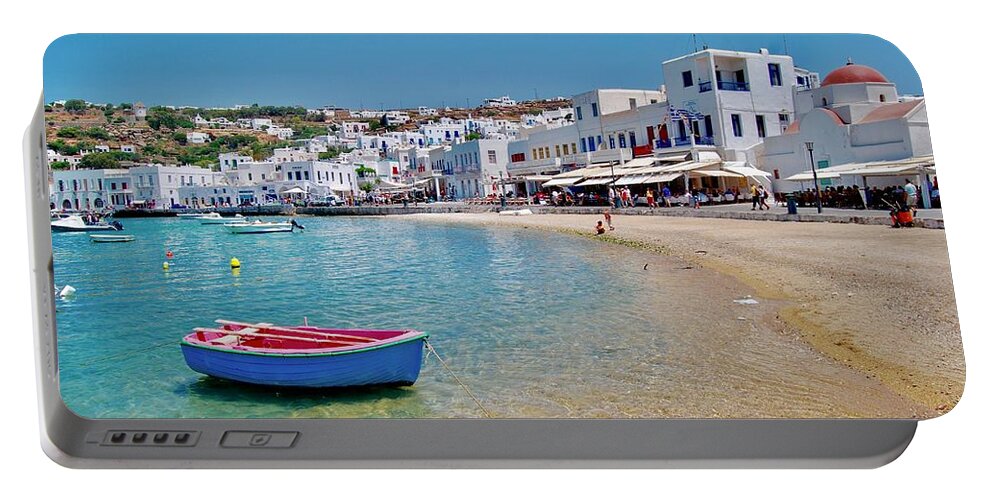 Boat Portable Battery Charger featuring the photograph Landed in Mykonos by Michael Descher
