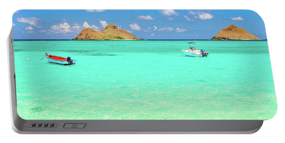 Lanikai Beach Portable Battery Charger featuring the photograph Lanikai Beach two Boats and Two Mokes by Aloha Art