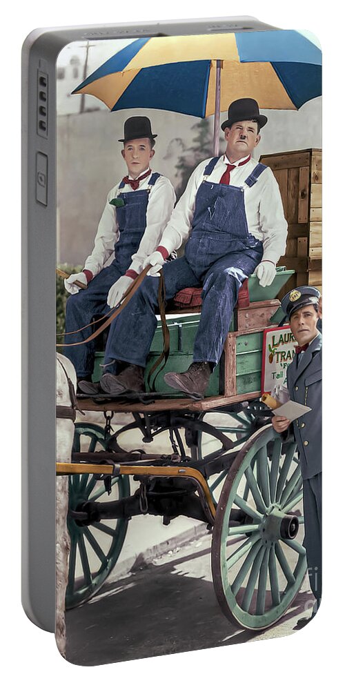 Vintage Photos Colorized Portable Battery Charger featuring the digital art Laurel and Hardy The Music Box 1932 by Franchi Torres