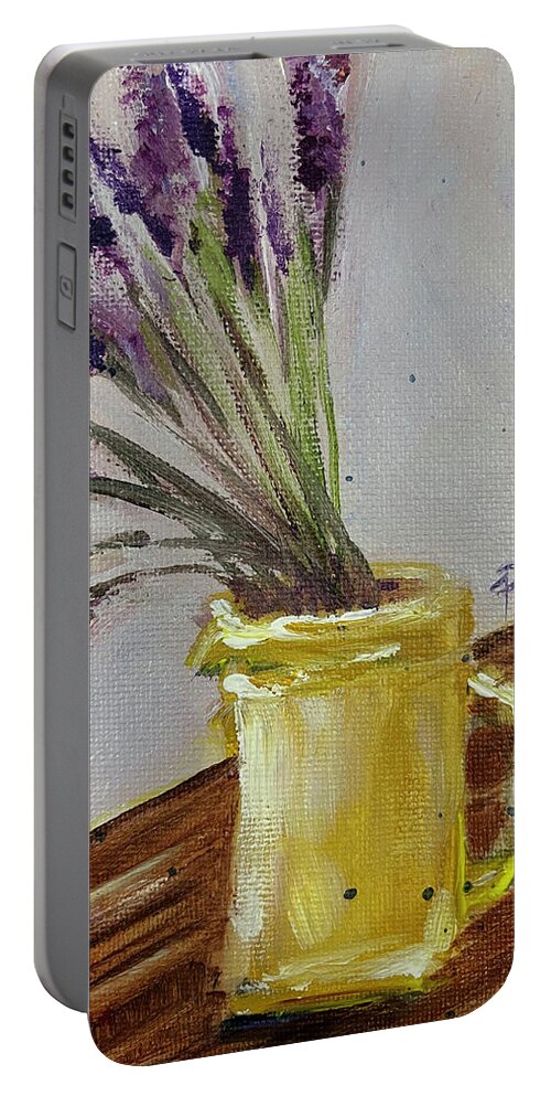 Lavender Portable Battery Charger featuring the painting Lavender in a Yellow Pitcher by Roxy Rich