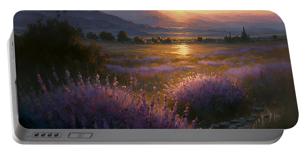 Lavender Portable Battery Charger featuring the digital art Lavender Sunset by Kai Saarto