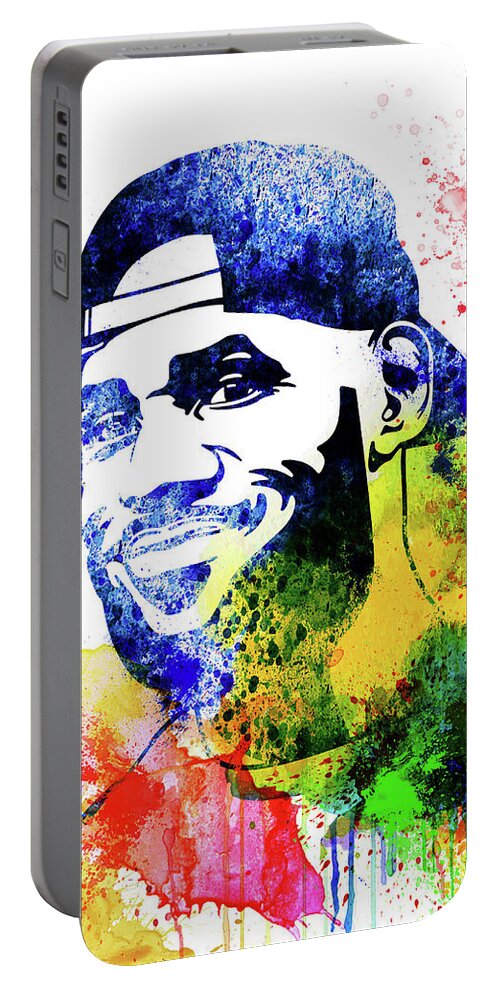 Le Bron James Portable Battery Charger featuring the mixed media Le Bron James Watercolor by Naxart Studio