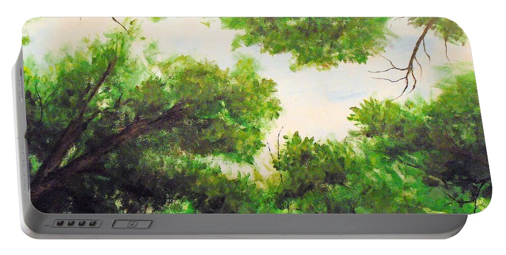 Forest Sky Portable Battery Charger featuring the painting Leaf Lite by Jen Shearer