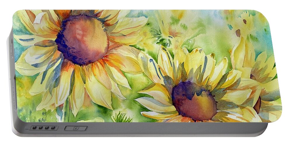 Sunflowers Portable Battery Charger featuring the painting Lean on Me Sunflower by Liana Yarckin