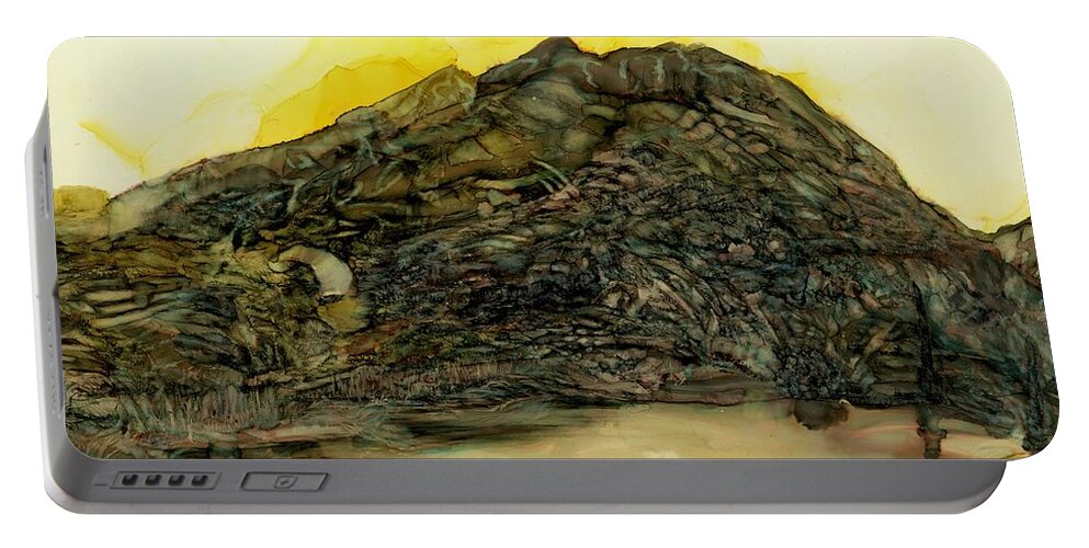 Mountain Portable Battery Charger featuring the painting Learning patience at the tarn by Angela Marinari