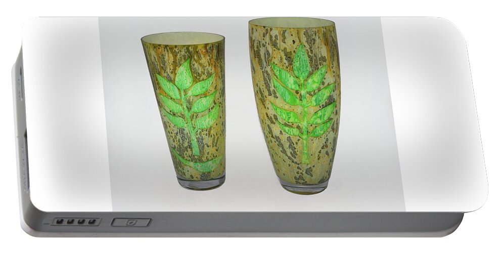 Green Portable Battery Charger featuring the glass art Leaves set of two by Christopher Schranck