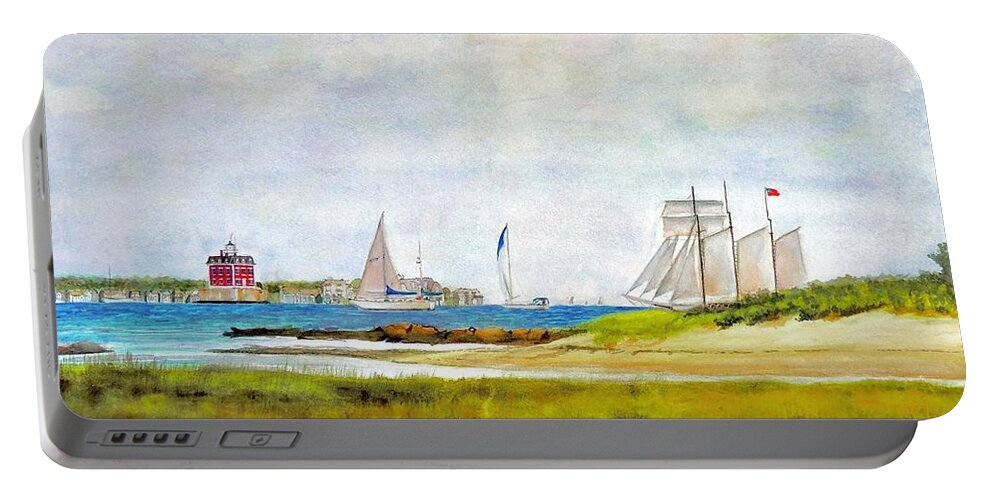 New London Ct Schooner Race Portable Battery Charger featuring the painting Ledge Light Lighthouse New London Waterford Beach CT by Patty Kay Hall