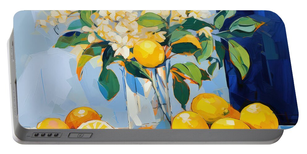 Lemons Portable Battery Charger featuring the painting Lemons Against Shades of Blue by Lourry Legarde