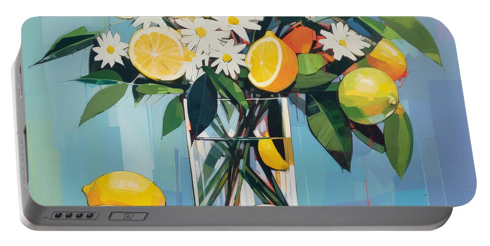 Lemons Portable Battery Charger featuring the painting Lemons and Daisies by Lourry Legarde