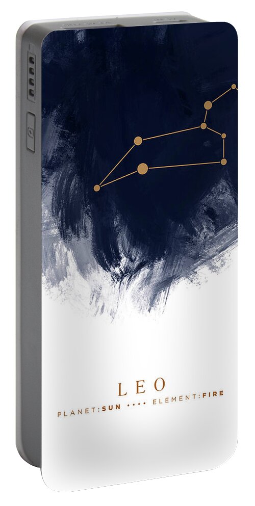 Leo Portable Battery Charger featuring the mixed media Leo Zodiac Sign - Minimal Print - Zodiac, Constellation, Astrology, Good Luck, Night Sky - Blue by Studio Grafiikka