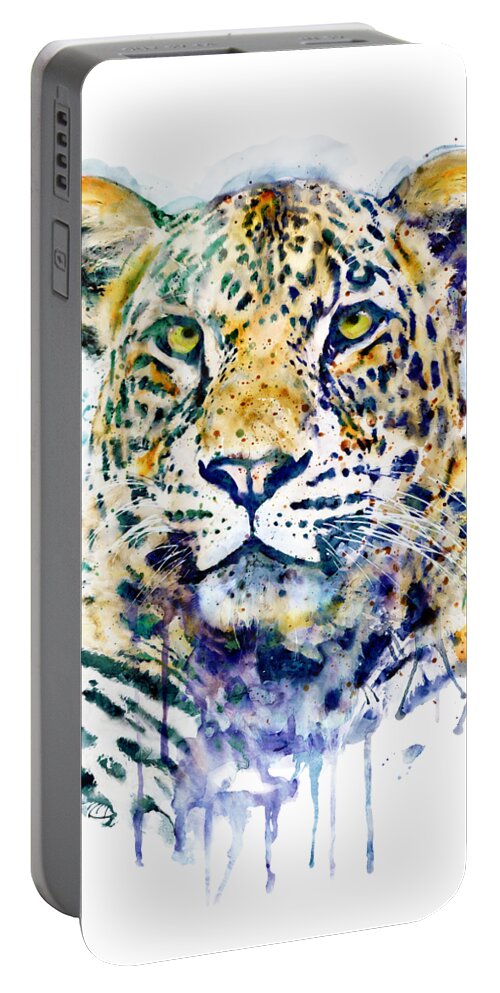 Marian Voicu Portable Battery Charger featuring the painting Leopard Head watercolor by Marian Voicu