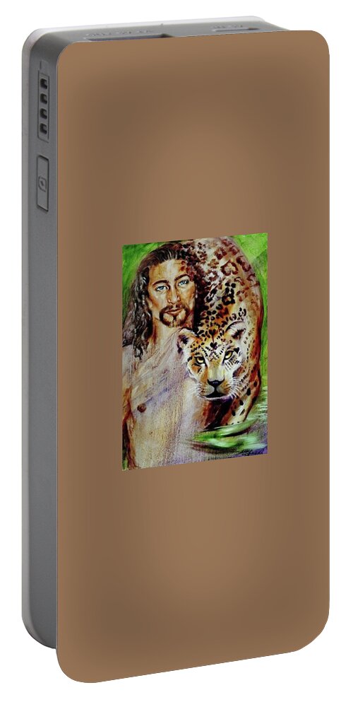 Mask Portable Battery Charger featuring the painting Leopard Instinct by Sofanya White