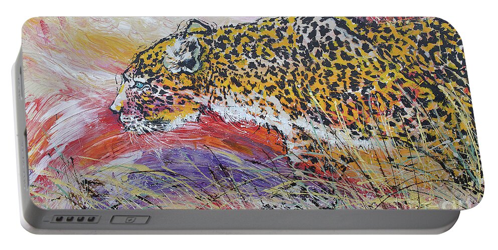 Leopard Portable Battery Charger featuring the painting Leopard's Gaze by Jyotika Shroff