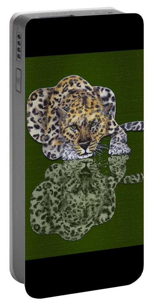 Leopard Portable Battery Charger featuring the mixed media Leopard's Reflection by Kelly Mills