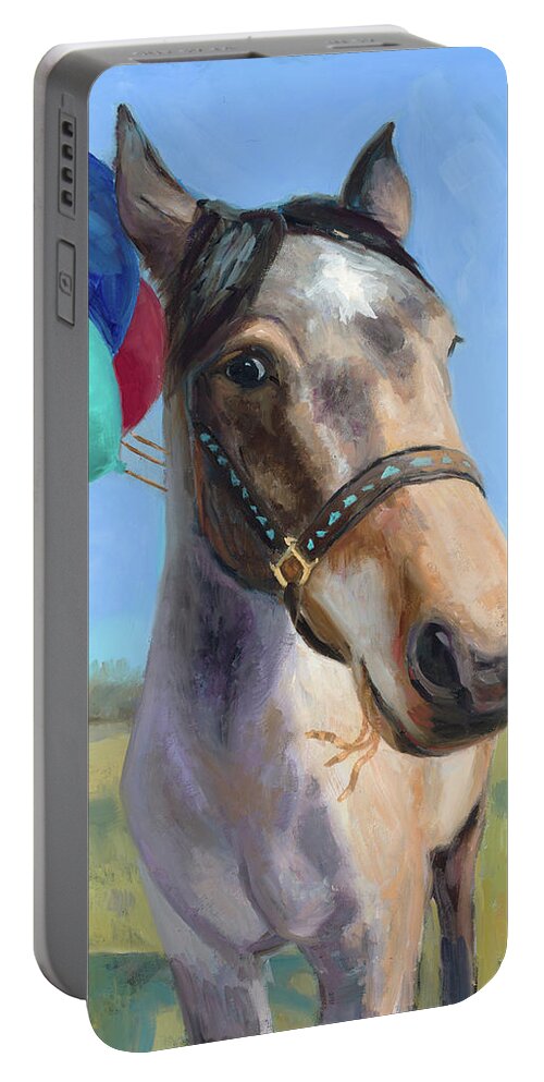Fun Horse Art Portable Battery Charger featuring the painting Let the Party Begin by Billie Colson