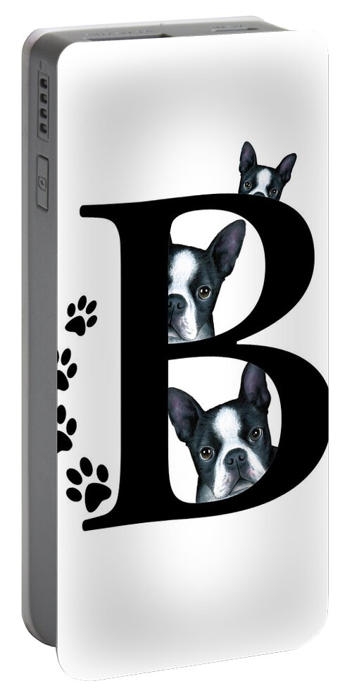 Letter B Portable Battery Charger featuring the mixed media Letter B Monogram with Boston Terrier Dogs by Lucie Dumas