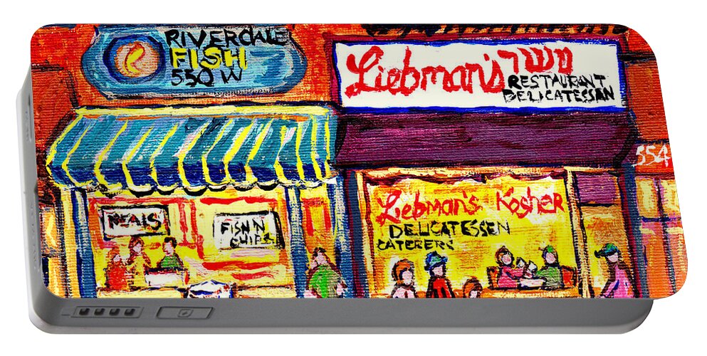 Riverdale Fish Market Portable Battery Charger featuring the painting Liebman's Kosher Deli Nyc Bronx Foodtown Riverdale Fish Best Seafood Market C Spandau Paints Usa Art by Carole Spandau
