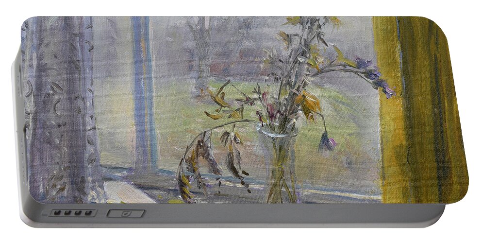 Still Life Portable Battery Charger featuring the painting Life Between Curtans by Ylli Haruni