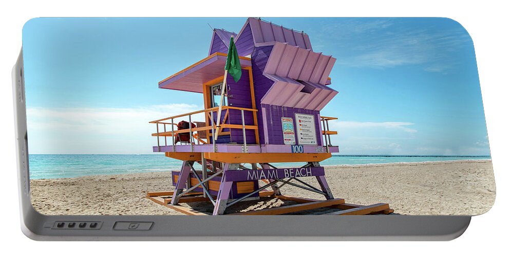 Atlantic Portable Battery Charger featuring the photograph Lifeguard Tower 100 South Beach Miami, Florida by Beachtown Views