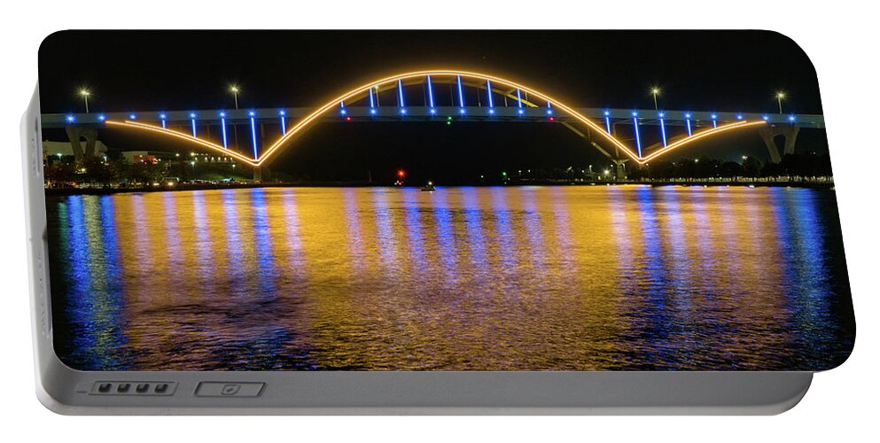 Port Of Milwaukee Portable Battery Charger featuring the photograph Light the Hoan with the People's Flag by Kristine Hinrichs